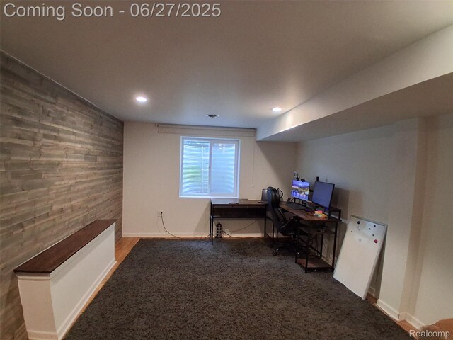 155 Cascade Ln, Waterford, MI 48327 - carpeted office space with an accent wall, recessed lighting, and wood walls
