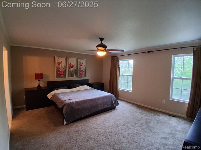 155 Cascade Ln, Waterford, MI 48327 - carpeted bedroom featuring ornamental molding and ceiling fan