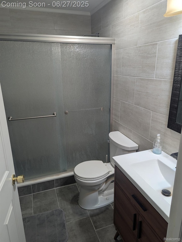 155 Cascade Ln, Waterford, MI 48327 - bathroom featuring tile walls, vanity, tile patterned floors, and a shower stall