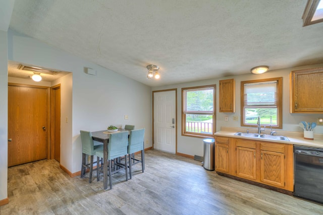 123 Carlysle Dr, Brooklyn, MI 49230 - kitchen with black dishwasher, a textured ceiling, light wood-type flooring, light countertops, and brown cabinets
