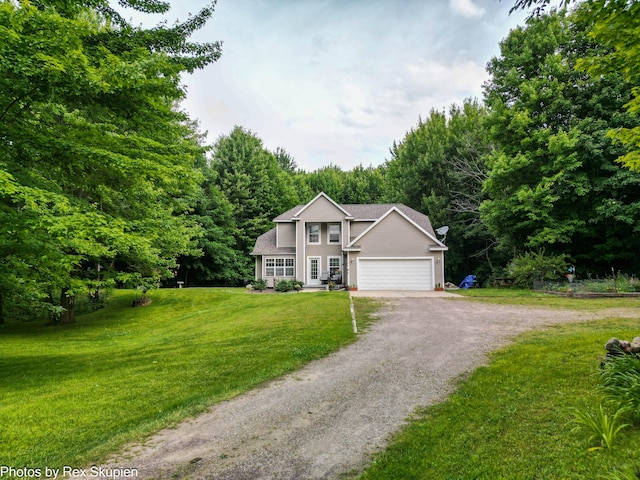 17474 Connor Cir, Bailey, MI 49303 - view of front of property with dirt driveway, a garage, a front lawn, and roof with shingles