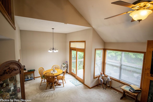 17474 Connor Cir, Bailey, MI 49303 - dining space featuring lofted ceiling, carpet, a chandelier, and ceiling fan