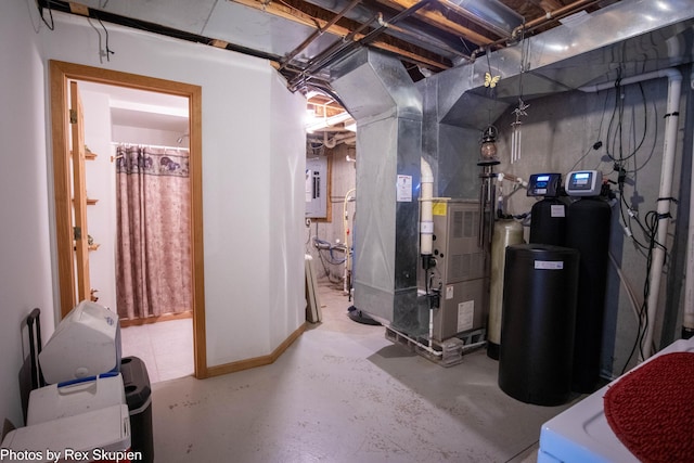 17474 Connor Cir, Bailey, MI 49303 - unfinished basement featuring a water softener system, heating unit, and electric panel
