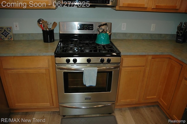 785 Pathway Dr, Howell, MI 48843 - kitchen with stainless steel range with gas cooktop and wood finished floors