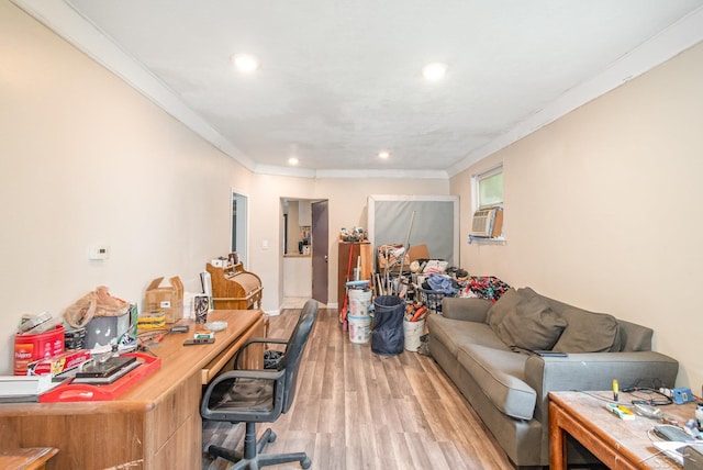 735 W Stewart St, Owosso, MI 48867 - office area featuring recessed lighting, light wood-type flooring, and ornamental molding