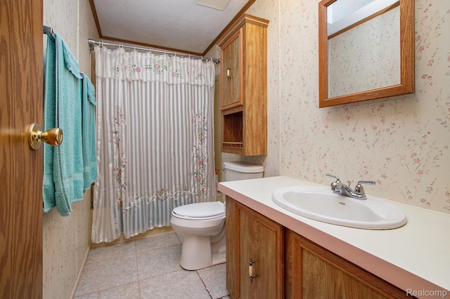 2900 Hyde Park, Bay City, MI 48706 - bathroom with vanity, tile patterned flooring, a shower with curtain, and wallpapered walls
