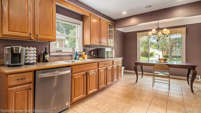 22011 Englehardt St, Saint Clair Shores, MI 48080 - kitchen with dishwasher, light tile patterned floors, a chandelier, light countertops, and recessed lighting