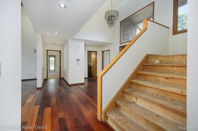3234 Pine Lake Rd, West Bloomfield, MI 48324 - entrance foyer with stairs, wood finished floors, a chandelier, and recessed lighting