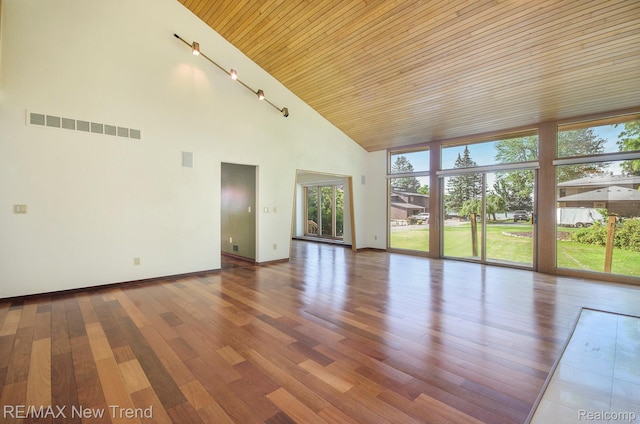3234 Pine Lake Rd, West Bloomfield, MI 48324 - unfurnished living room featuring high vaulted ceiling, wood ceiling, and wood finished floors
