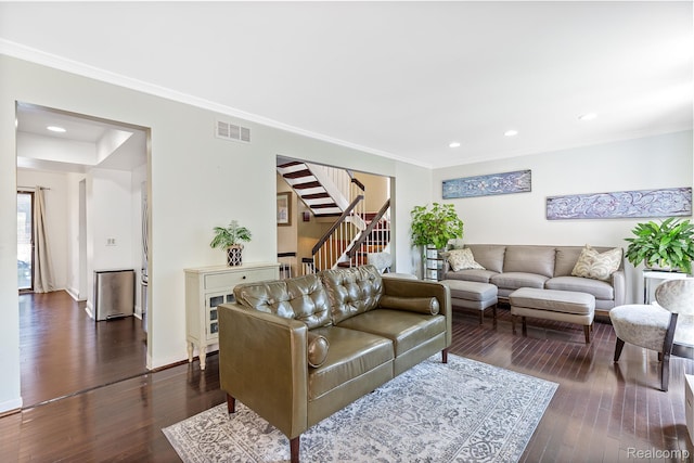5305 Wright Way S, West Bloomfield, MI 48322 - living room with stairs, wood-type flooring, crown molding, and recessed lighting