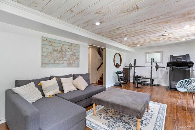 5305 Wright Way S, West Bloomfield, MI 48322 - living room with wooden ceiling, stairs, wood finished floors, recessed lighting, and crown molding
