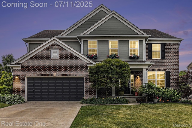 59141 Peters Barn Dr, South Lyon, MI 48178 - traditional-style house featuring brick siding, driveway, a lawn, a garage, and roof with shingles
