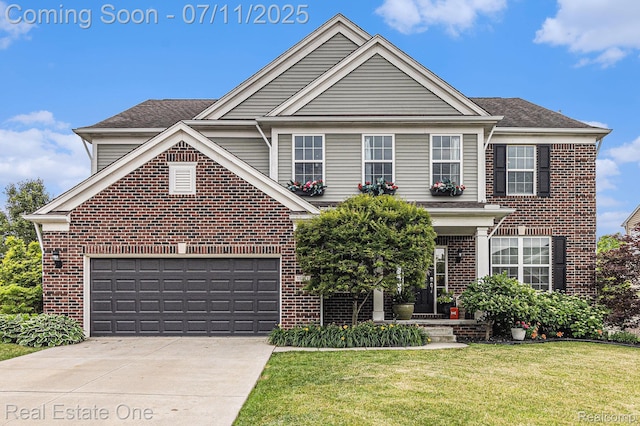 59141 Peters Barn Dr, South Lyon, MI 48178 - traditional home with brick siding, concrete driveway, a front lawn, and roof with shingles