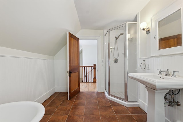 450 S 1st St, Ann Arbor, MI 48103 - full bathroom with a shower stall, tile patterned floors, wainscoting, and lofted ceiling
