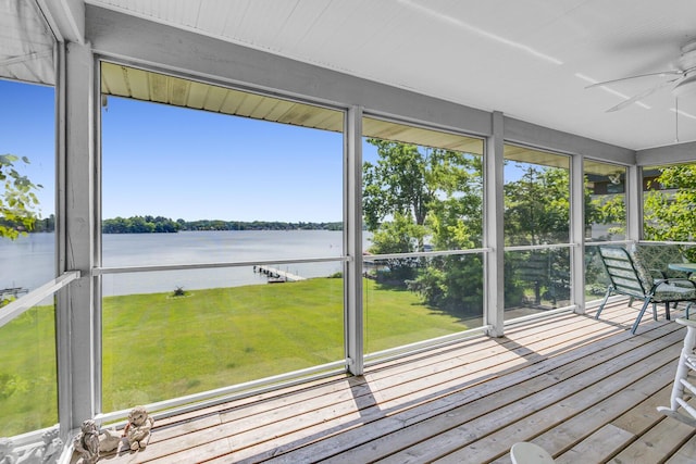 38 Evans Trl, Tipton, MI 49287 - unfurnished sunroom with a water view and ceiling fan