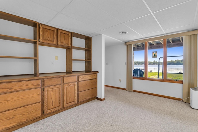 38 Evans Trl, Tipton, MI 49287 - unfurnished living room featuring a drop ceiling, light carpet, and a water view