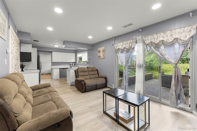 2738 Berry Dr, Bloomfield Hills, MI 48304 - living room with a baseboard heating unit, light wood-type flooring, and recessed lighting