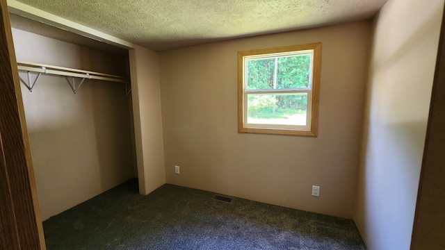 5213 S Newcosta Ave, Newaygo, MI 49337 - unfurnished bedroom with dark carpet, a textured ceiling, and a closet