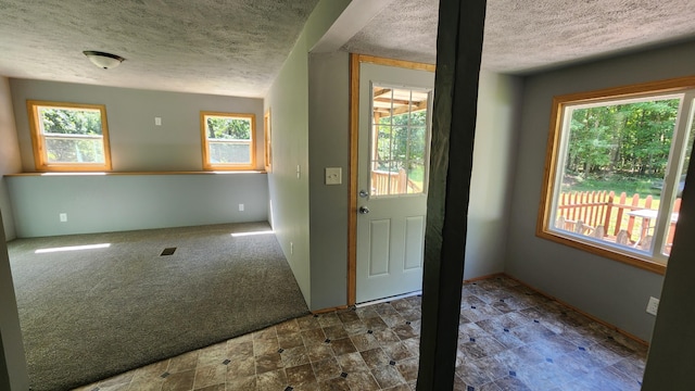 5213 S Newcosta Ave, Newaygo, MI 49337 - foyer entrance featuring a textured ceiling and dark carpet