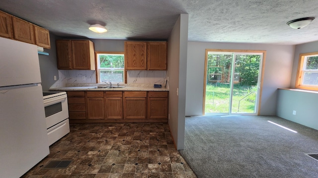 5213 S Newcosta Ave, Newaygo, MI 49337 - kitchen with white appliances, brown cabinetry, light countertops, a textured ceiling, and under cabinet range hood