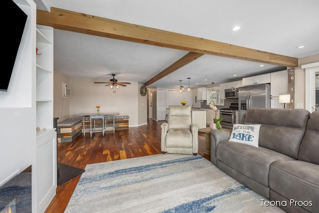 12865 S Englewright Dr, Sand Lake, MI 49343 - living room featuring beam ceiling, dark wood-style flooring, a ceiling fan, and recessed lighting