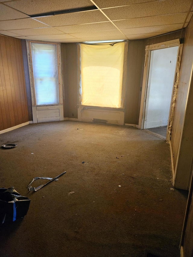 702 N Superior St, Albion, MI 49224 - spare room featuring wood walls, a drop ceiling, and carpet flooring