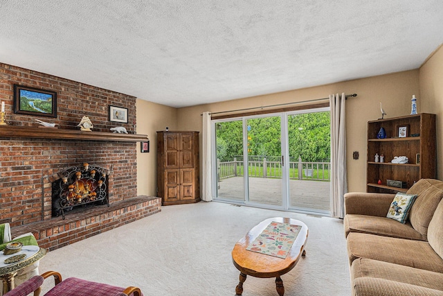 8025 Fosdick Rd, Saline, MI 48176 - living area with carpet floors, a textured ceiling, and a brick fireplace