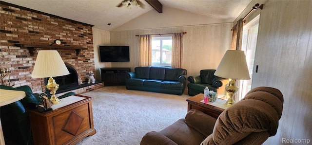 15480 Sherwood Ln, Fraser, MI 48026 - carpeted living area with a textured ceiling, a fireplace, and ceiling fan