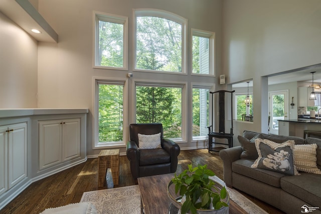 7145 S Valley Cir, Lambertville, MI 48144 - living area featuring a high ceiling, healthy amount of natural light, and dark wood finished floors