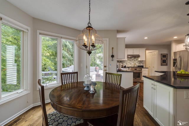 7145 S Valley Cir, Lambertville, MI 48144 - dining area featuring a chandelier, healthy amount of natural light, dark wood-style flooring, and recessed lighting