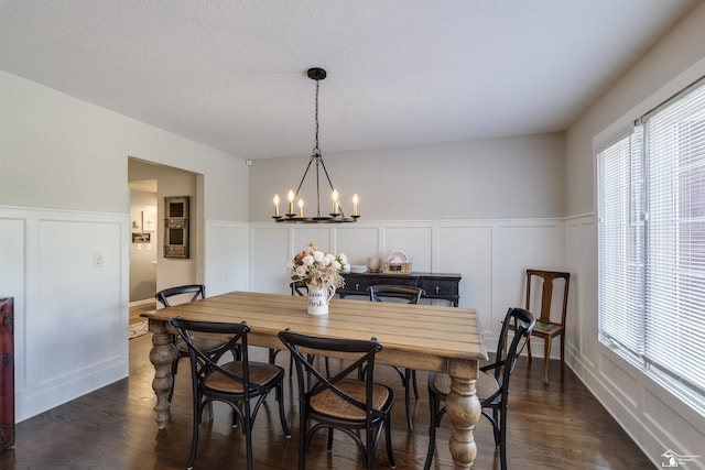 7145 S Valley Cir, Lambertville, MI 48144 - dining space with a decorative wall, a chandelier, dark wood finished floors, and a wainscoted wall