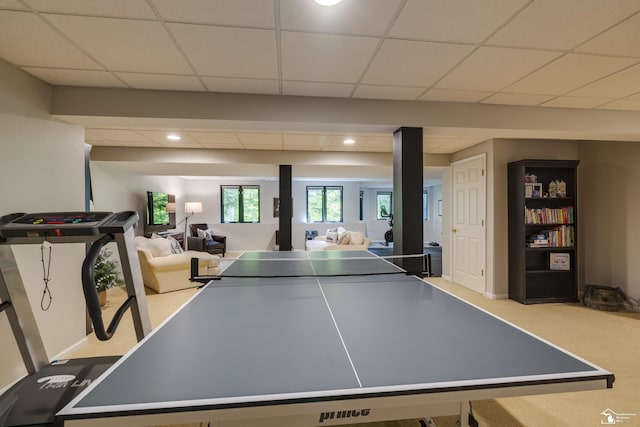 7145 S Valley Cir, Lambertville, MI 48144 - rec room featuring carpet flooring, a drop ceiling, and recessed lighting