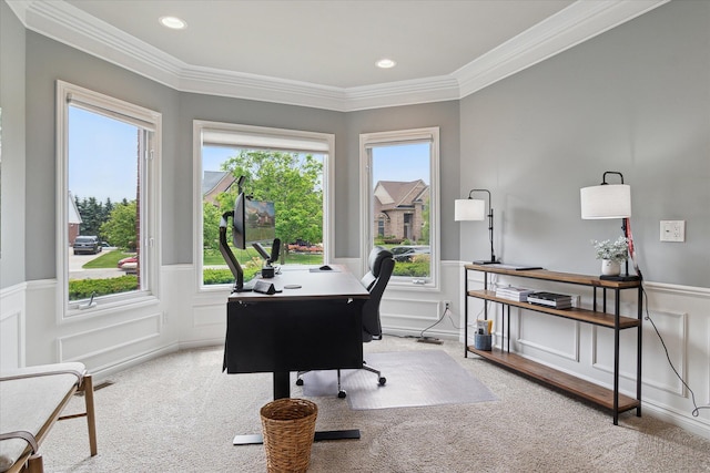 46746 Merion Cir, Northville, MI 48168 - home office featuring carpet, crown molding, a wainscoted wall, recessed lighting, and a decorative wall