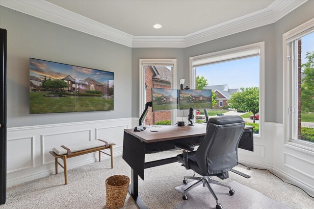 46746 Merion Cir, Northville, MI 48168 - office featuring ornamental molding, carpet, wainscoting, and recessed lighting