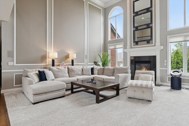 46746 Merion Cir, Northville, MI 48168 - living room with a high ceiling, crown molding, and a glass covered fireplace