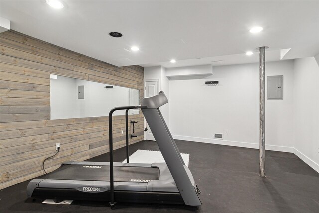46746 Merion Cir, Northville, MI 48168 - exercise room featuring electric panel, recessed lighting, and wooden walls