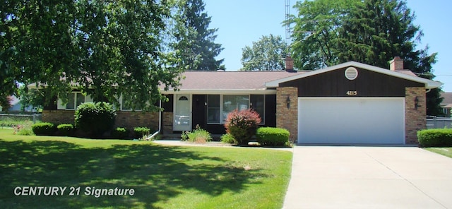 4215 S Wayside Dr, Saginaw, MI 48603 - ranch-style home featuring brick siding, an attached garage, a front lawn, and driveway