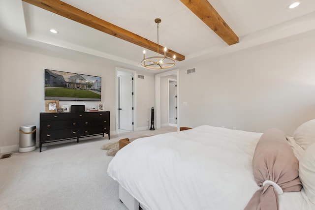 1053 Canterbury St, Birmingham, MI 48009 - bedroom with beam ceiling, a chandelier, recessed lighting, and light colored carpet