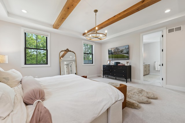 1053 Canterbury St, Birmingham, MI 48009 - bedroom with multiple windows, recessed lighting, a chandelier, beam ceiling, and ensuite bathroom