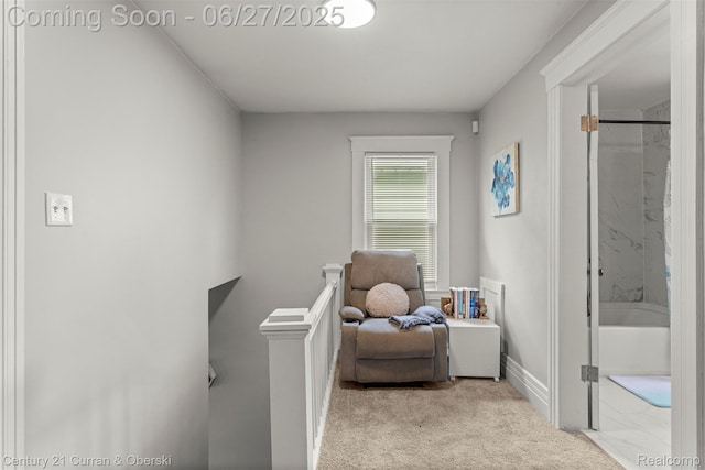 3917 Bewick St, Detroit, MI 48214 - living area featuring an upstairs landing and carpet flooring