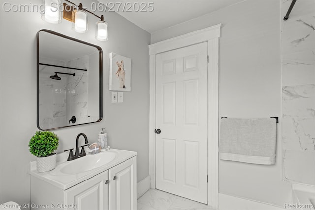 3917 Bewick St, Detroit, MI 48214 - bathroom with marble look tiles, vanity, and a marble finish shower