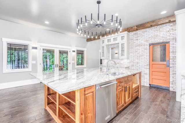 2685 Fry Rd, Highland, MI 48357 - kitchen featuring dishwasher, open shelves, an island with sink, dark wood-style flooring, and light stone counters