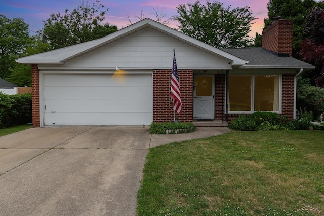 239 Heyn St, Saginaw, MI 48602 - ranch-style home with brick siding, a chimney, a lawn, driveway, and roof with shingles
