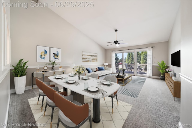 15653 Heather Ridge Trl, Clinton Township, MI 48038 - dining space with ceiling fan, light colored carpet, and high vaulted ceiling