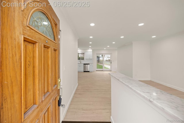 22323 Gordon Rd, Saint Clair Shores, MI 48081 - entrance foyer with light wood-type flooring, recessed lighting, and crown molding