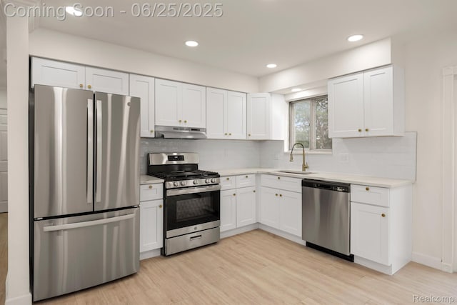 22323 Gordon Rd, Saint Clair Shores, MI 48081 - kitchen with stainless steel appliances, under cabinet range hood, light countertops, backsplash, and white cabinetry