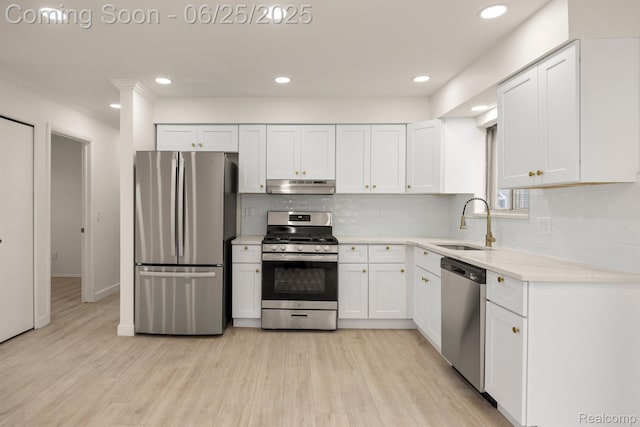 22323 Gordon Rd, Saint Clair Shores, MI 48081 - kitchen with stainless steel appliances, under cabinet range hood, light countertops, tasteful backsplash, and white cabinets