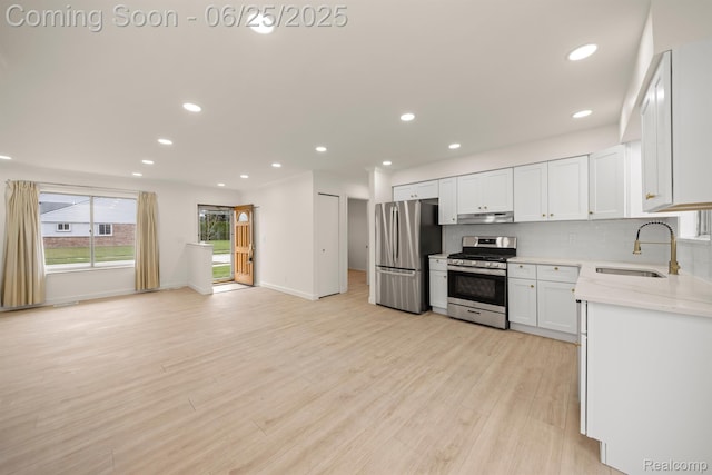 22323 Gordon Rd, Saint Clair Shores, MI 48081 - kitchen featuring appliances with stainless steel finishes, under cabinet range hood, backsplash, light wood-style floors, and recessed lighting