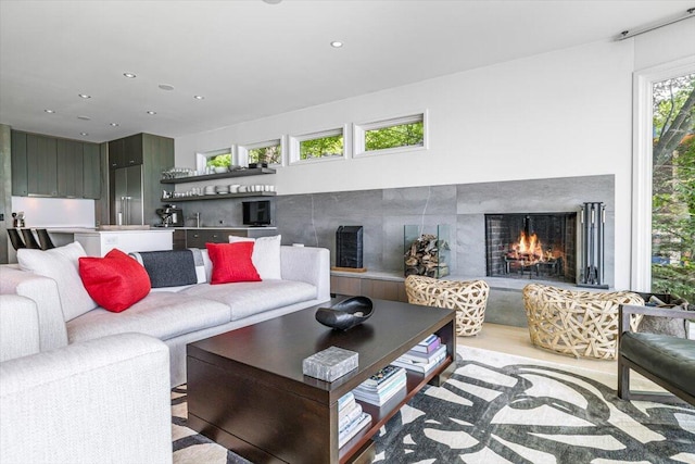 9182 Hemlock Ln, Bridgman, MI 49106 - living area featuring recessed lighting and a lit fireplace