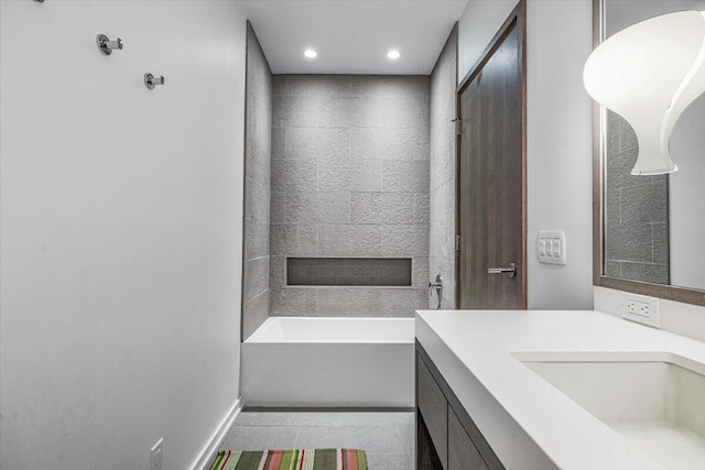 9182 Hemlock Ln, Bridgman, MI 49106 - full bathroom with vanity, recessed lighting, tile patterned flooring, and shower / tub combination